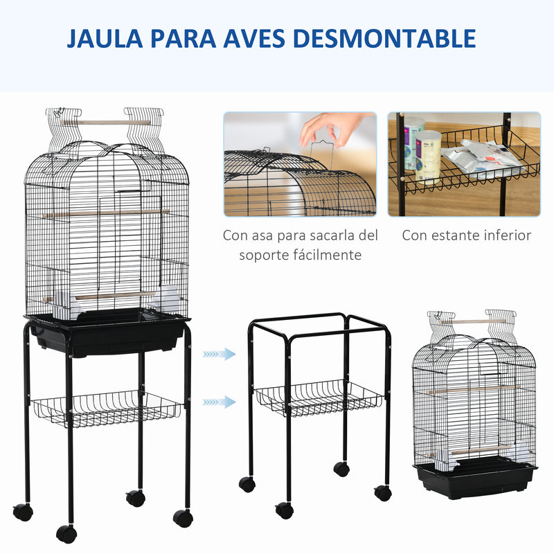 Gaiola para Passáros com Suporte Gaiola com 4 Rodas Teto com Abertura 2 Comedouros 3 Poleiros Bandeja Removível e Prateleira Inferior 46x36x130cm Preto