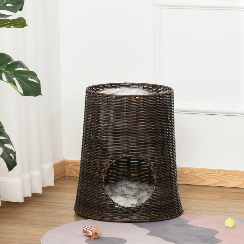 Cesta de Vime para Gatos Cama Caverna de 2 Níveis com Almofadas Laváveis Ø45x50cm Marrom