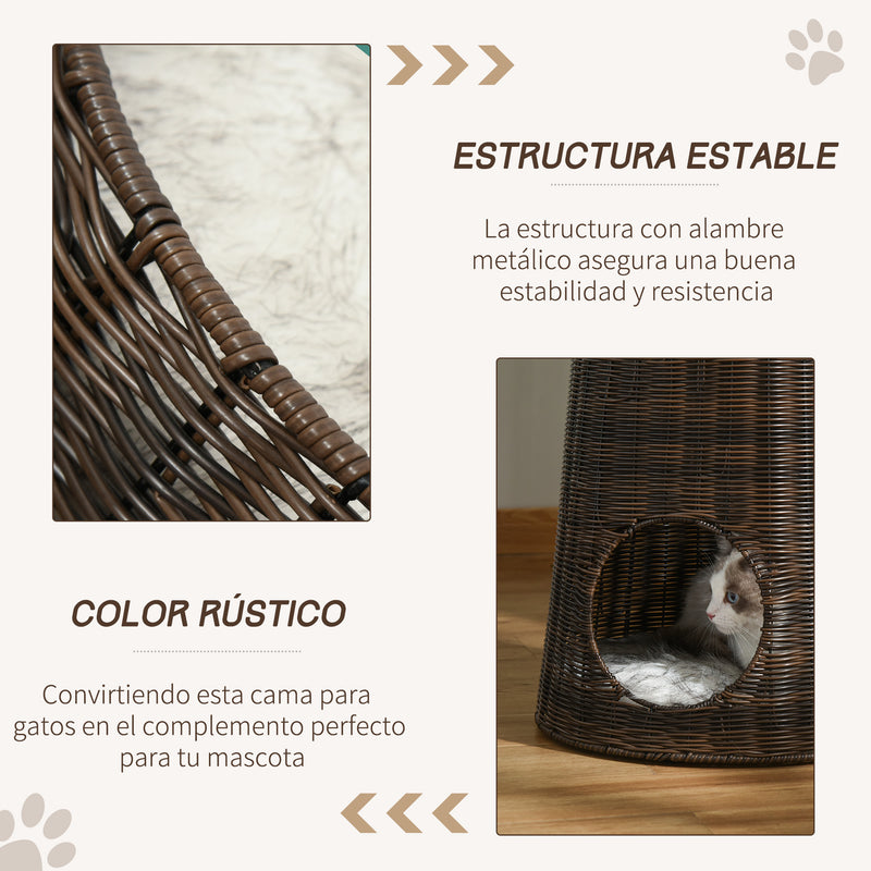 Cesta de Vime para Gatos Cama Caverna de 2 Níveis com Almofadas Laváveis Ø45x50cm Marrom