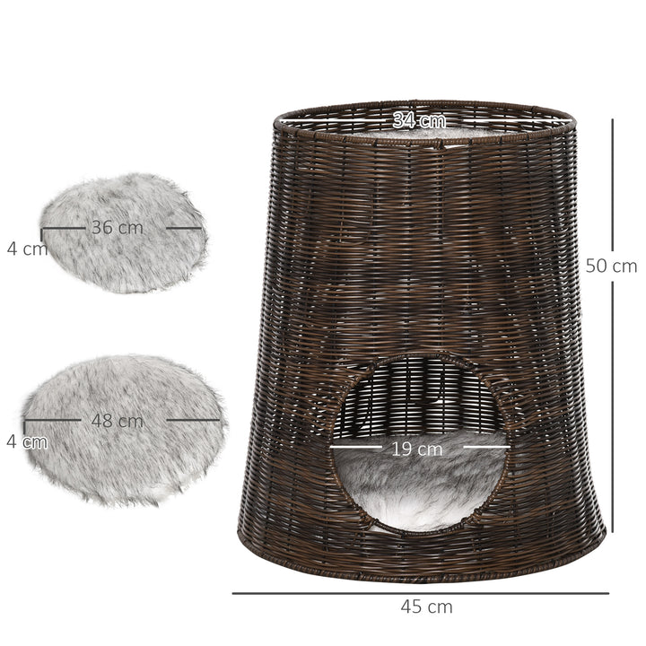 Cesta de Vime para Gatos Cama Caverna de 2 Níveis com Almofadas Laváveis Ø45x50cm Marrom