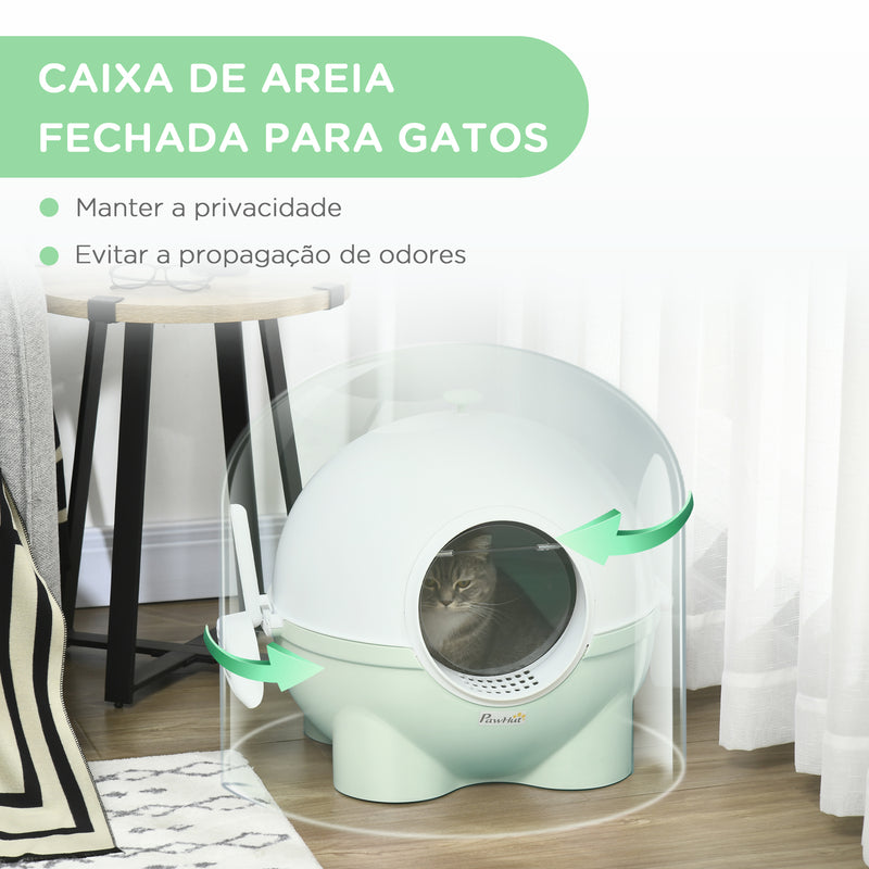 Caixa de Areia para Gatos Fechada Desmontável Caixa de Areia para Gatos de Plástico com Pá Carga Máxima 4 kg 53x51x48 cm Verde Claro e Branco