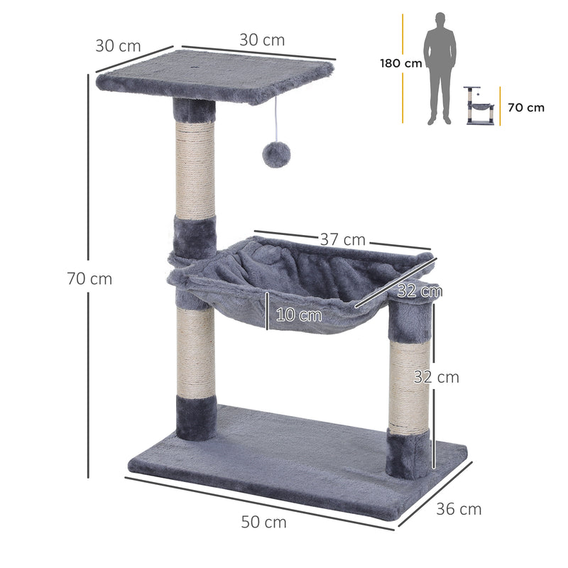 Árvore Arranhador para Gatos Torre para Gatos 50x36x70 cm Centro de Atividades com Rede Plataforma Poste de Sisal e Bola Suspensa Cinza