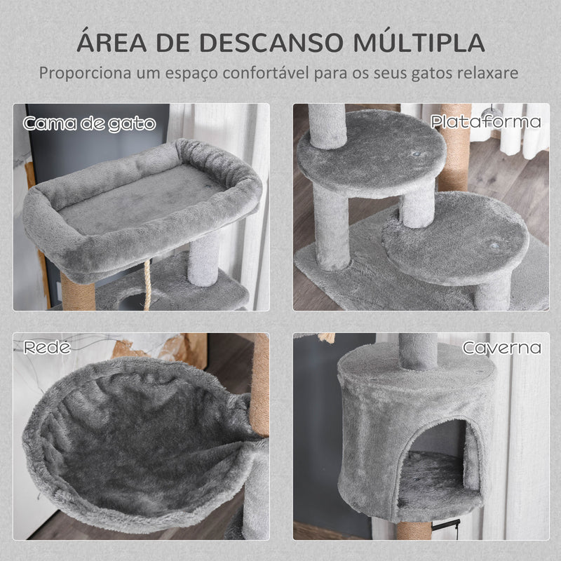 Arranhador para Gatos Altura 120 cm Torre para Gatos com Plataforma Caverna Rede Postes de Juta Corda e Bola Suspensa 48x48x120 cm Cinza