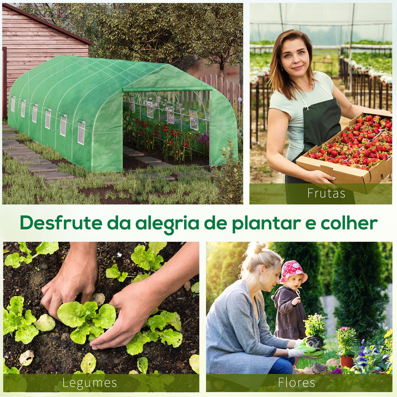 Estufa de jardim Tipo túnel para cultivo com 12 janelas e porta de enrolar Aço e PE 800x300x200 cm Verde