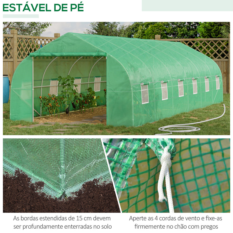 Estufa de jardim Tipo túnel para cultivo com 12 janelas e porta de enrolar Aço e PE 800x300x200 cm Verde