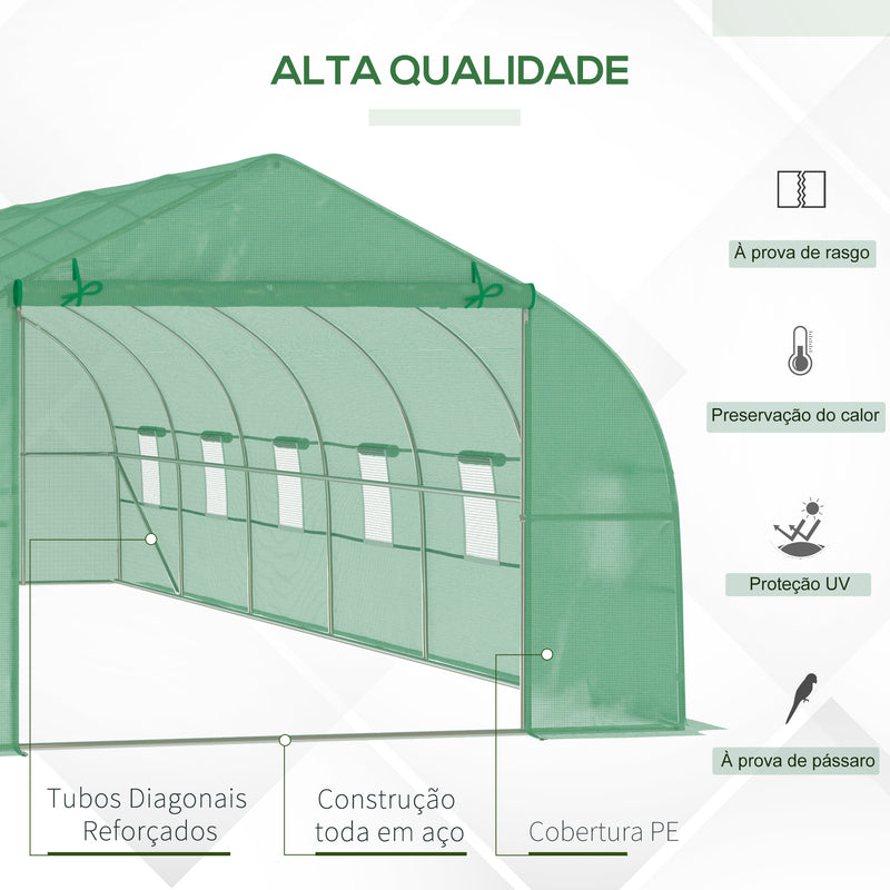 Estufa de jardim Tipo túnel para cultivo com 12 janelas e porta de enrolar Aço e PE 800x300x200 cm Verde