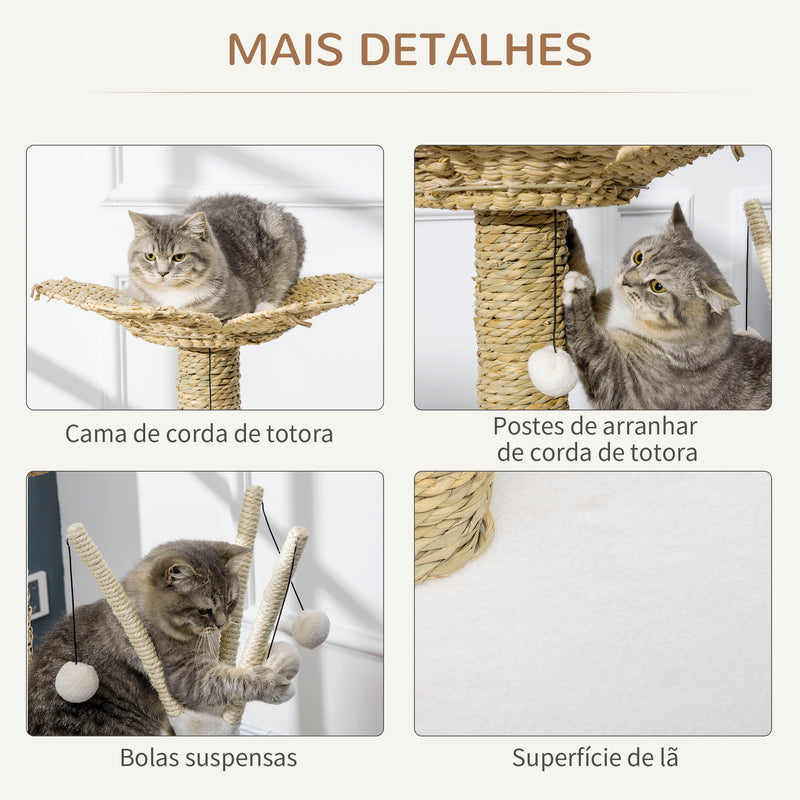 Árvore Arranhador para Gatos Médios Altura 91cm Torre para Gatos com Cama em Forma de Flor Plataformas Postes de Arranhar Túnel e Bolas Suspensas 56x40x91cm Branco e Bege