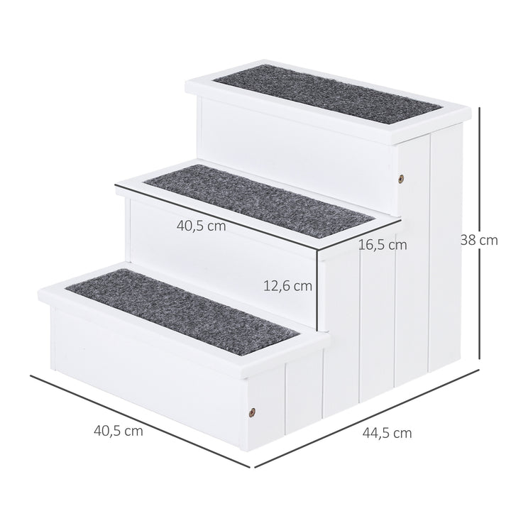 Escada para animais de estimação com 3 degraus espaço de armazenamento e tapete antiderrapante carga 30 kg 40,5x44,5x38 cm madeira Branco