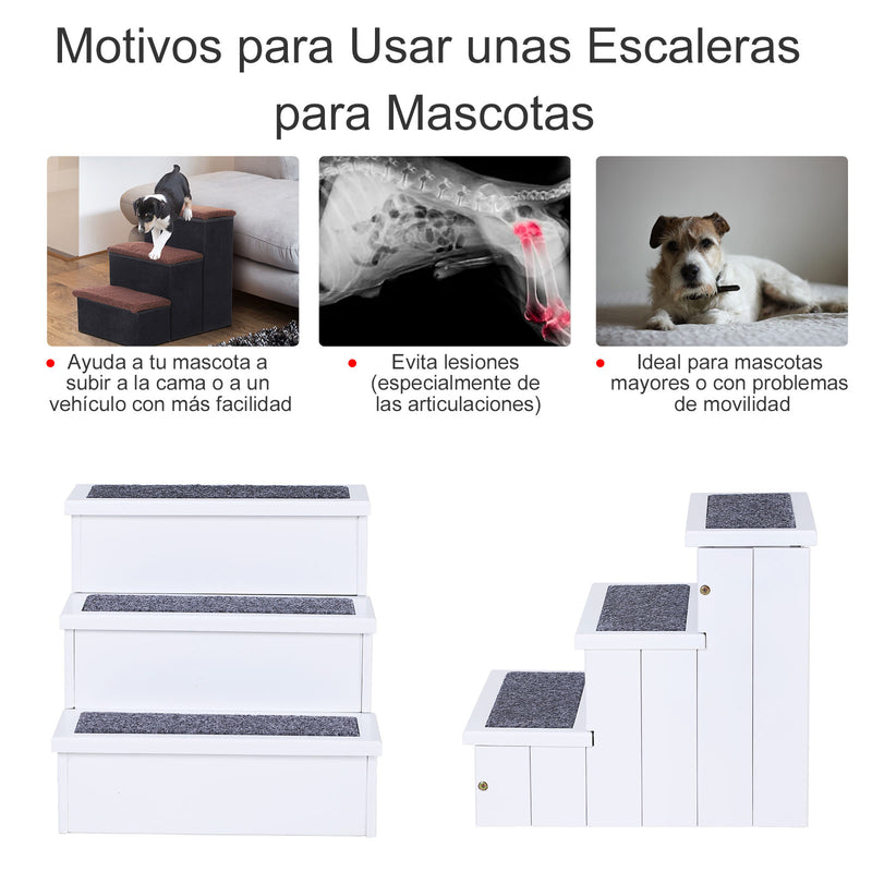 Escada para animais de estimação com 3 degraus espaço de armazenamento e tapete antiderrapante carga 30 kg 40,5x44,5x38 cm madeira Branco