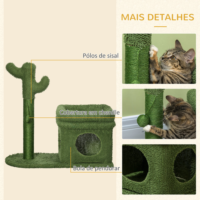 Árvore Arranhador para Gatos Desenho de Cacto Altura 83cm Torre para Gatos com Cama Casa de Pelúcia Poste de Sisal e Bola Suspensa 68x30x67cm Verde