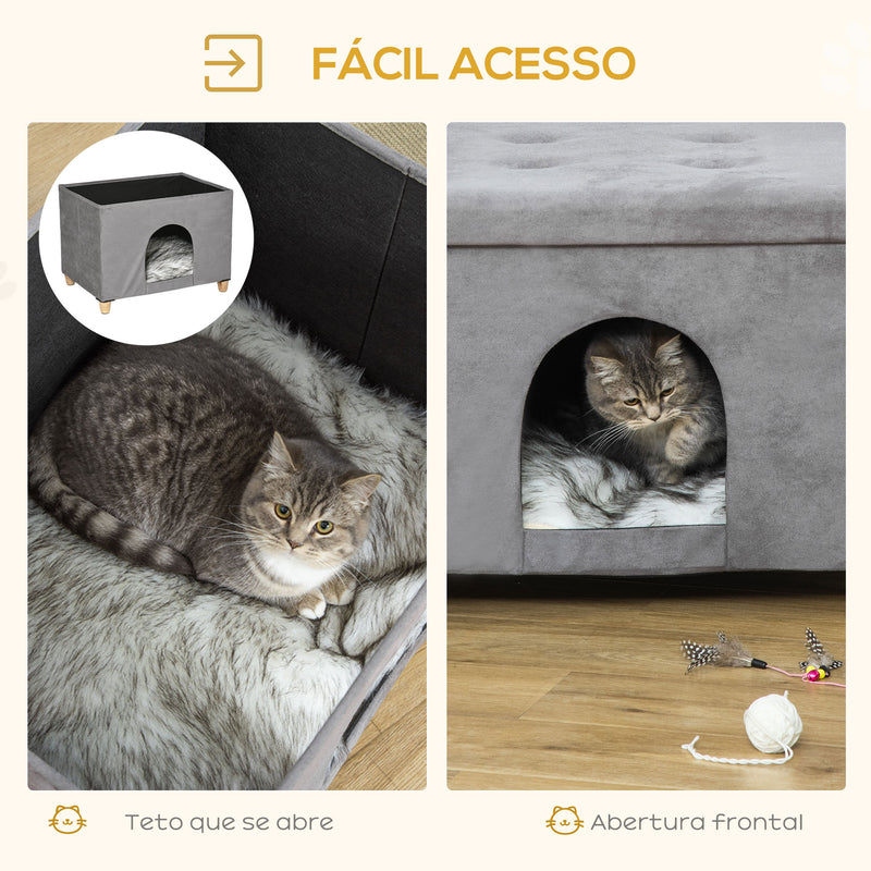 Caverna para Gatos Dobrável 2 em 1 Banco para Apoio dos Pés com Tampa Removível Orifício de Entrada Almofada Lavável e Pés Elevados de Madeira para Interior 60x45x44,5cm Cinza