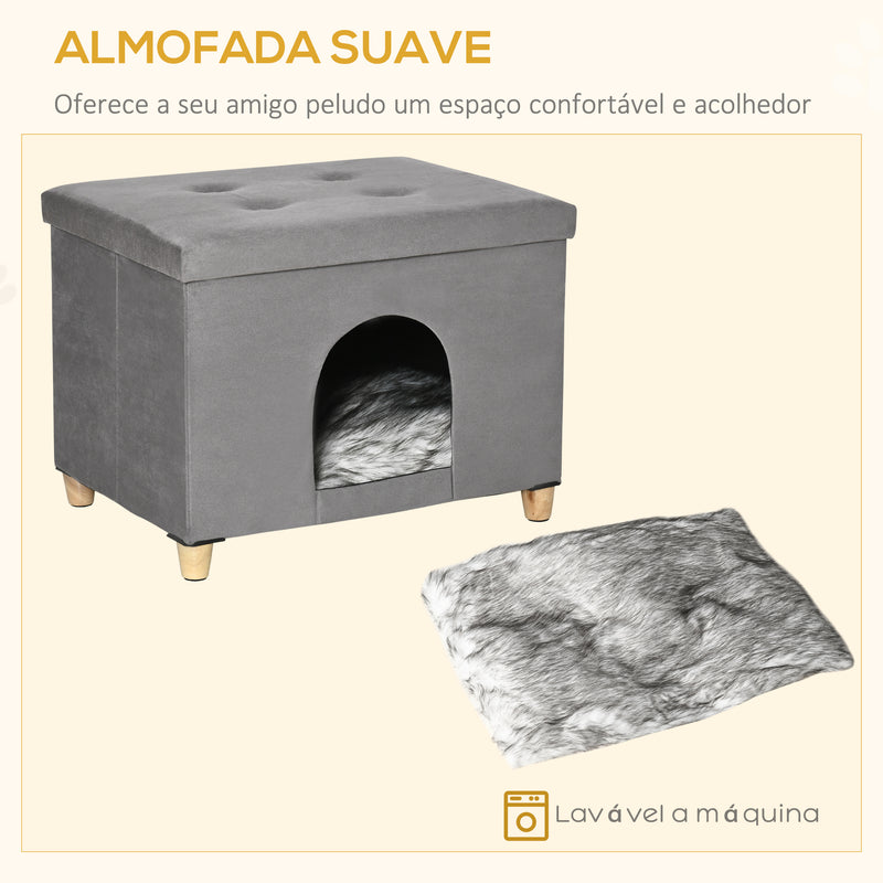 Caverna para Gatos Dobrável 2 em 1 Banco para Apoio dos Pés com Tampa Removível Orifício de Entrada Almofada Lavável e Pés Elevados de Madeira para Interior 60x45x44,5cm Cinza