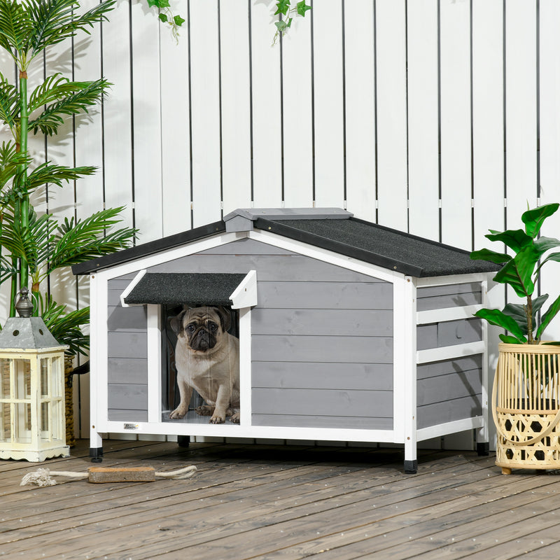 Casa para Cães de Madeira 97x72x65 cm Casa para Animais de Estimação com Teto Asfáltico 2 Janelas Porta com Cortina e Base Amovível Cinza