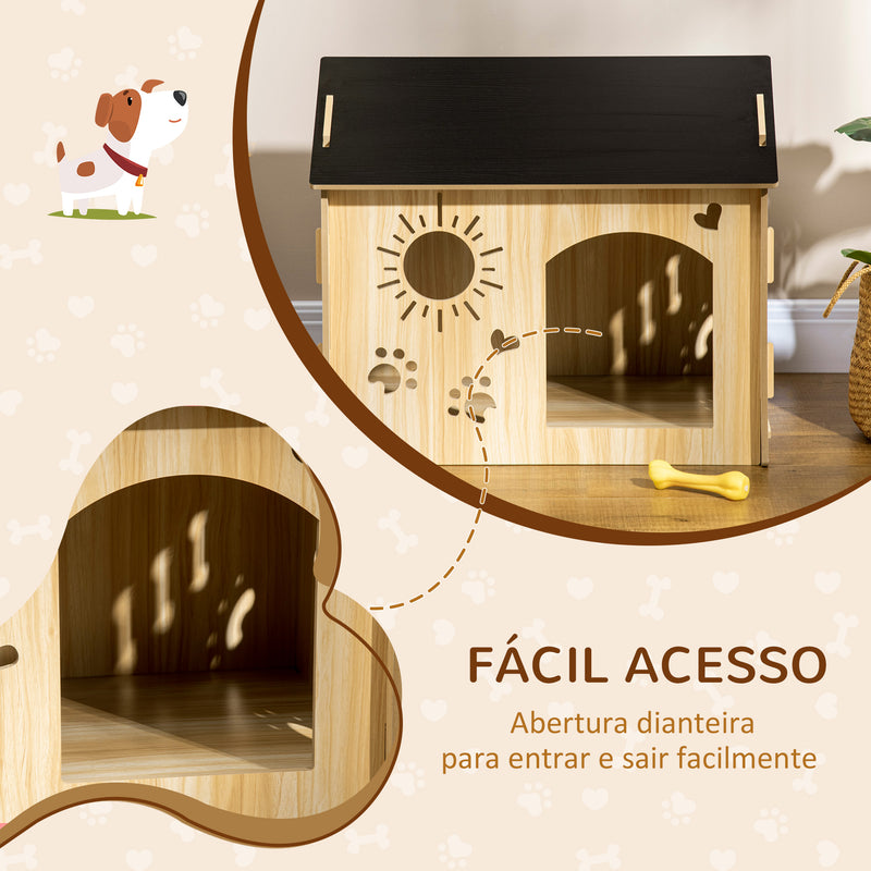 Casa de Madeira para Cães Pequenos Casa para Animais de Estimação com Porta Dianteira Desenhos em Forma de Sol Coração Pata 69x50x58,5cm Madeira e Preto