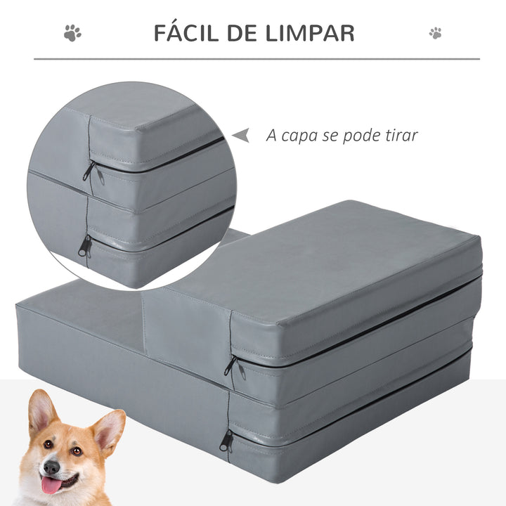 Escada para Animais de Estimação de 2 Degraus 2 em 1 Cama para Cães Gatos Estofada em PU Removível e Lavável com Zíper 45x39x20cm Cinza
