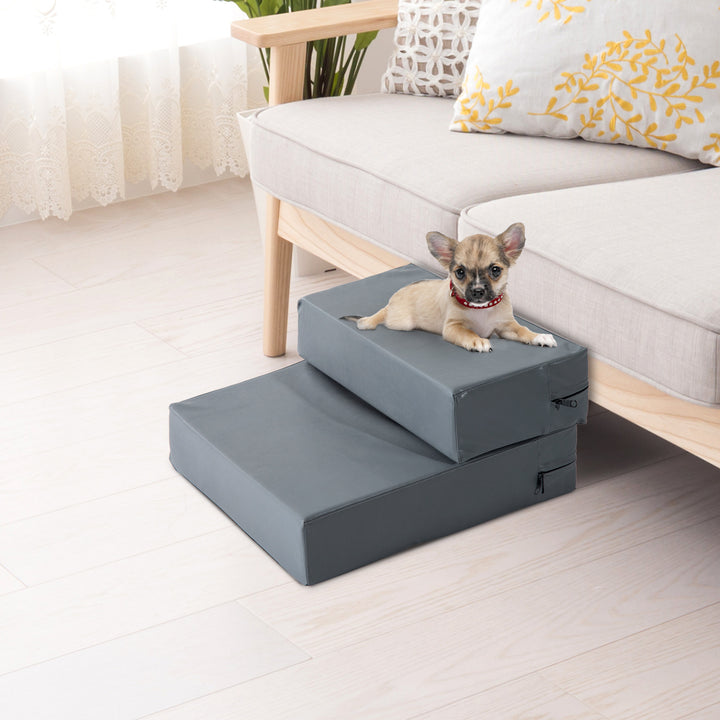 Escada para Animais de Estimação de 2 Degraus 2 em 1 Cama para Cães Gatos Estofada em PU Removível e Lavável com Zíper 45x39x20cm Cinza