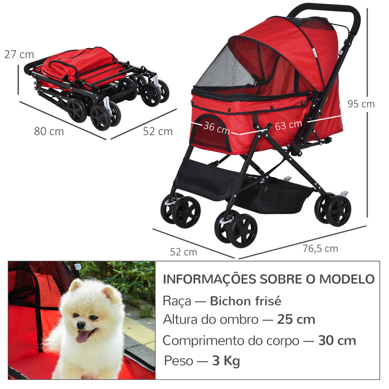 Carrinho para Animais de Estimação Dobrável Carro para Cães e Gatos com Capô Ajustável Cesta de Armazenamento Cinto de Segurança Tecido Oxford 600D Aço 76,5x52x95cm Vermelho