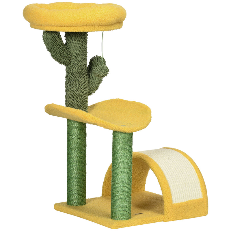 Árvore Arranhador para Gatos de 72cm Torre para Gatos Centro de Atividades com Cama Poste de Sisal e Bolsa Suspensa 40x35x72cm Amarelo e Verde