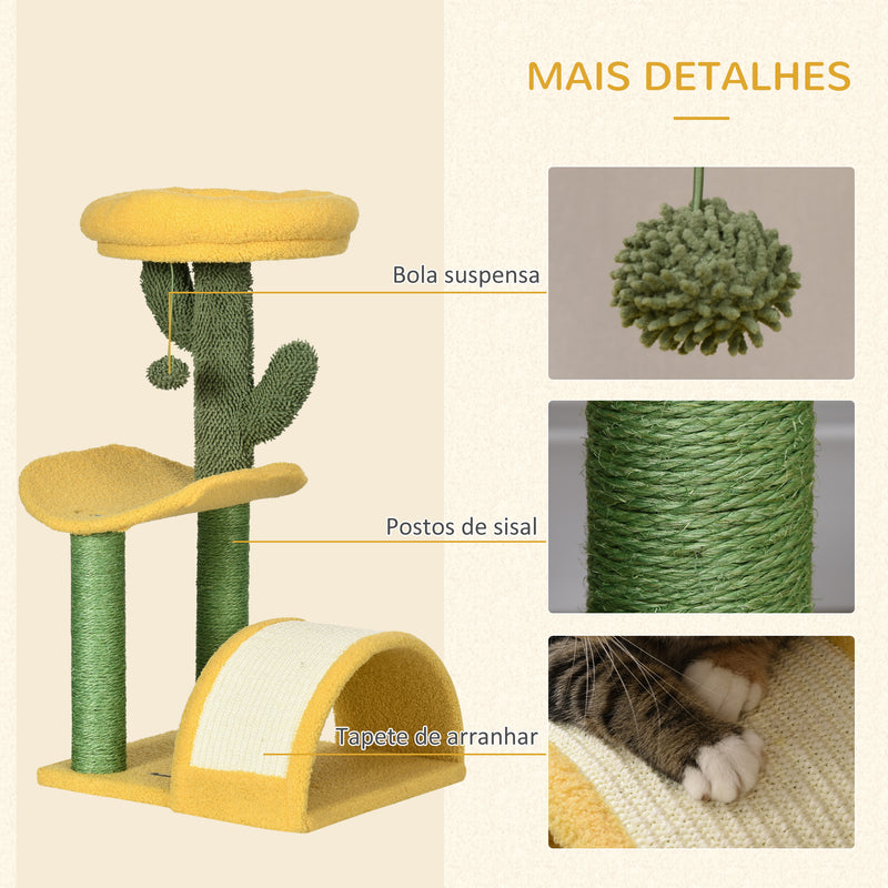 Árvore Arranhador para Gatos de 72cm Torre para Gatos Centro de Atividades com Cama Poste de Sisal e Bolsa Suspensa 40x35x72cm Amarelo e Verde