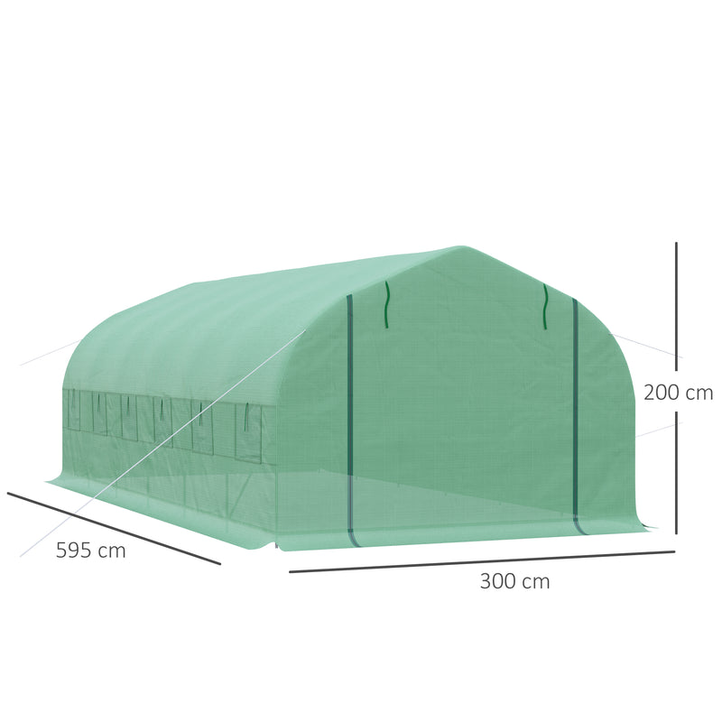 Estufa de Túnel 595x300x200cm Estufa de Jardim Grande com 12 Janelas e Porta Enrolável com Zíper para Cultivo de Plantas Verde