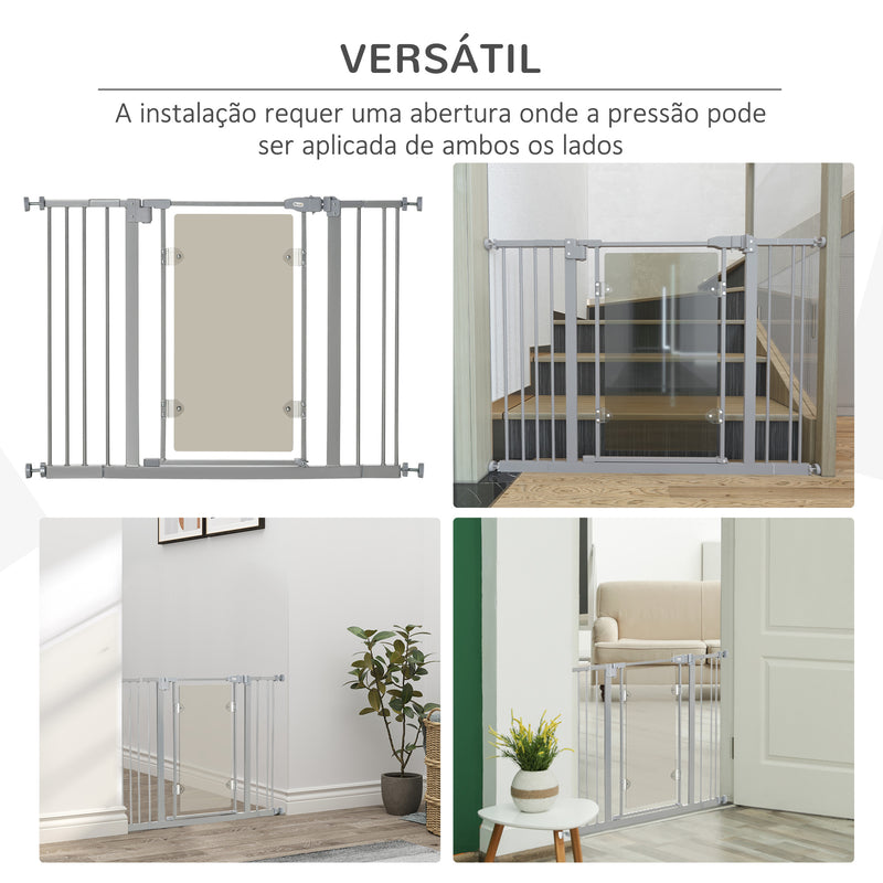 Barreira de Segurança de Cães para Escadas e Portas 74-105cm com 2 Extensões de Aço 10/15cm Porta de Acrílico e Fechamento Automático Altura 76,2cm Cinza