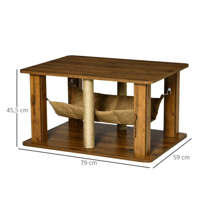 Mesa Auxiliar Mesa de Café com Rede 2 Postes de Arranhar de Juta e Prateleira Inferior de Armazenamento 79x59x45,5cm Marrom