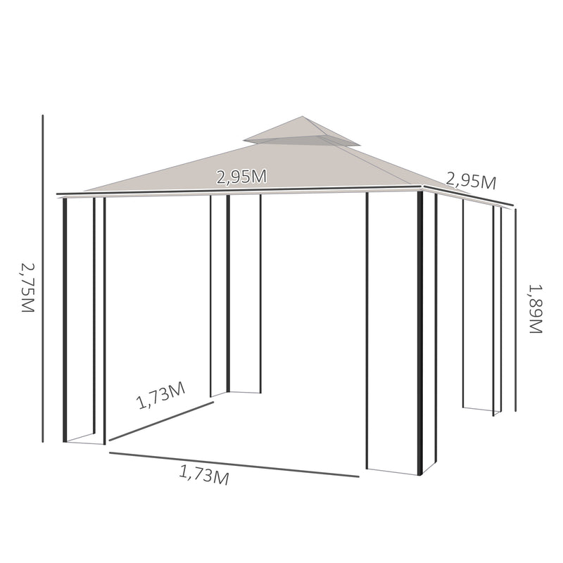 Gazebo de jardim 3x3m com 4 cortinas laterais com zíper e telhado duplo com 8 furos de drenagem bege