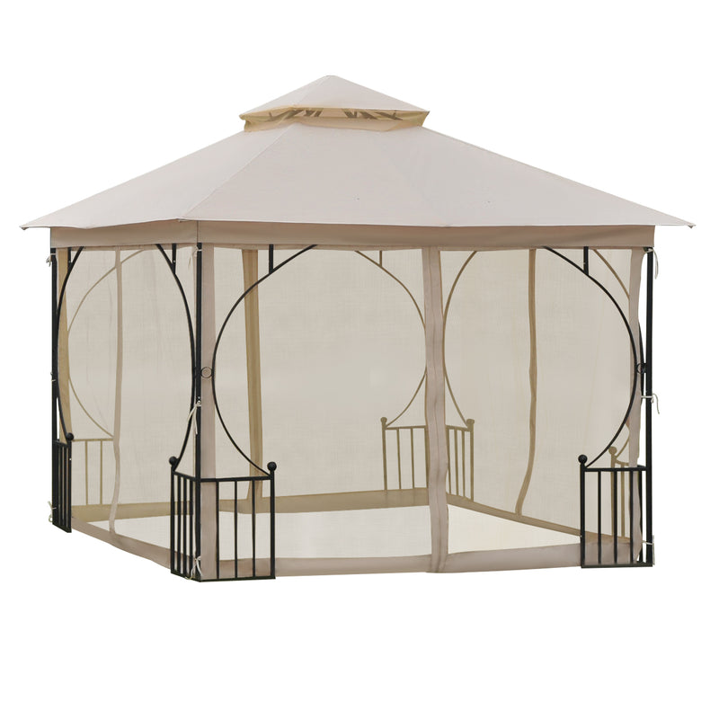 Gazebo de jardim 3x3m com 4 cortinas laterais com zíper e telhado duplo com 8 furos de drenagem bege