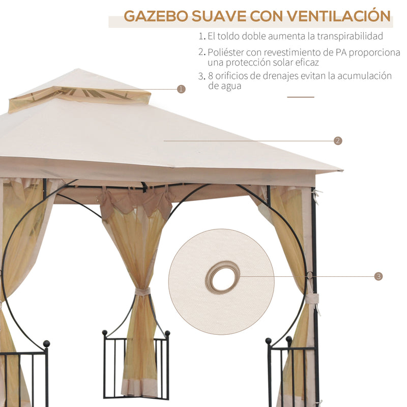 Gazebo de jardim 3x3m com 4 cortinas laterais com zíper e telhado duplo com 8 furos de drenagem bege