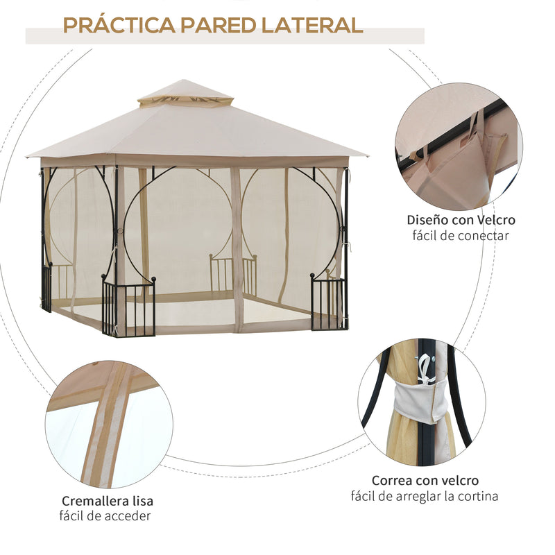 Gazebo de jardim 3x3m com 4 cortinas laterais com zíper e telhado duplo com 8 furos de drenagem bege