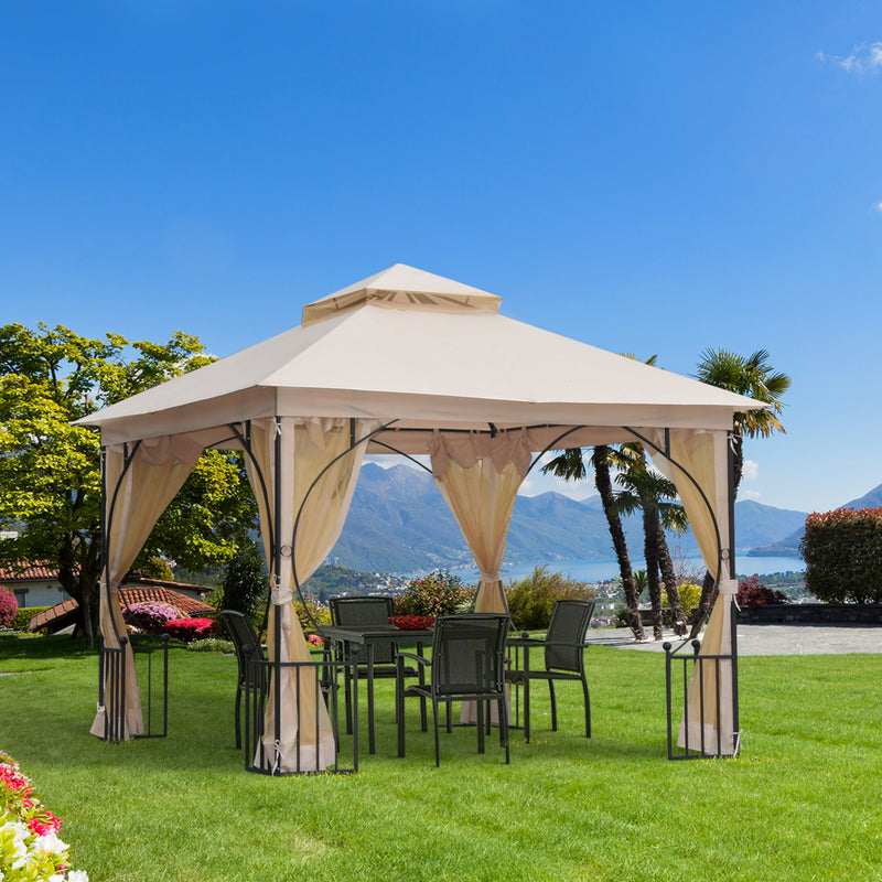 Gazebo de jardim 3x3m com 4 cortinas laterais com zíper e telhado duplo com 8 furos de drenagem bege