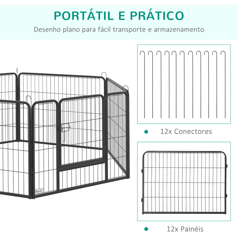 Parque para Cães com 12 Painéis Recinto para Animais de Estimação Modular com 2 Portas para Interior e Exterior Aço 80x60 cm Preto