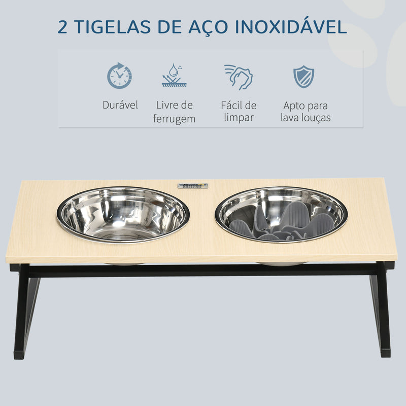 Comedouro Elevado para Cães Alimentador para Cães com 2 Tigelas de Aço Inoxidável 1100ml com Tapete Antiderrapante Comedouro Lento para Animais Médios 60x30x18,5cm Carvalho