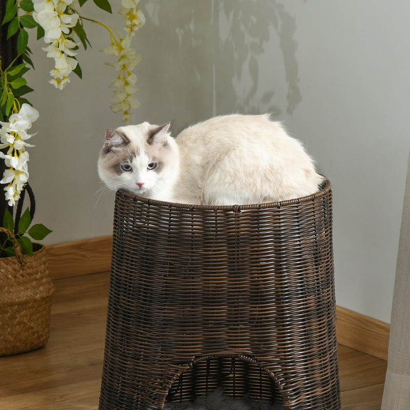 Cesta de Vime para Gatos Cama Caverna de 2 Níveis com Almofadas Laváveis Ø45x50cm Marrom