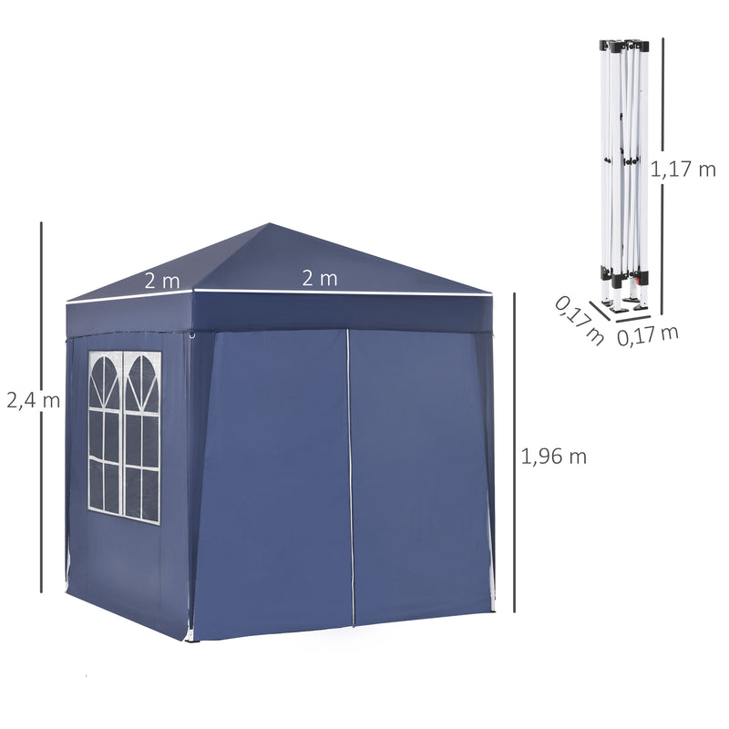 Tenda Dobrável 2x2 m Tenda de Jardim com 4 Paredes Laterais Tecido Oxford 2 Portas 2 Janelas e Bolsa de Transporte para Exterior Terraço Campismo Festas Azul