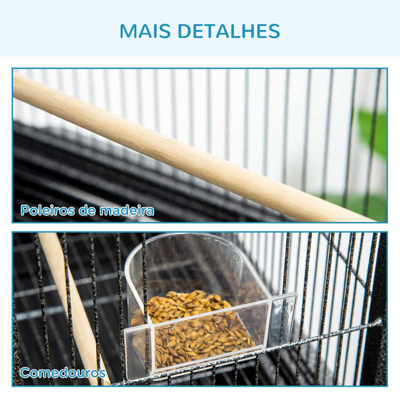 Gaiola para Pássaros com Rodas 81x48x162,5 cm Gaiola de Metal com Bandeja 4 Poleiros 4 Comedouros e Prateleira de Armazenamento para Canários Periquitos Preto e Cinza