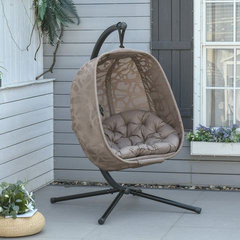 Poltrona Suspensa com Suporte de Aço Poltrona Suspensa com Cesto Dobrável e Almofadas para Interior e Exterior 126x96x172cm Cor Areia