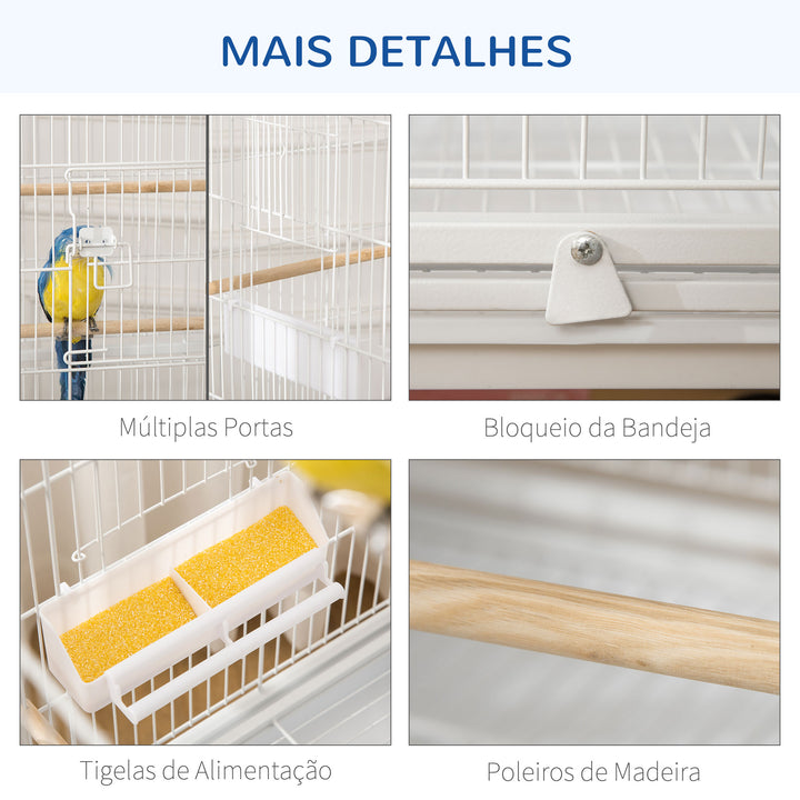 Gaiola para Pássaros com Rodas 78x52x132cm Gaiola para Pássaros Metálica com Bandeja Amovível 4 Portas 4 Comedouros 4 Poleiros e Prateleira de Armazenamento para Canários Periquitos Branco