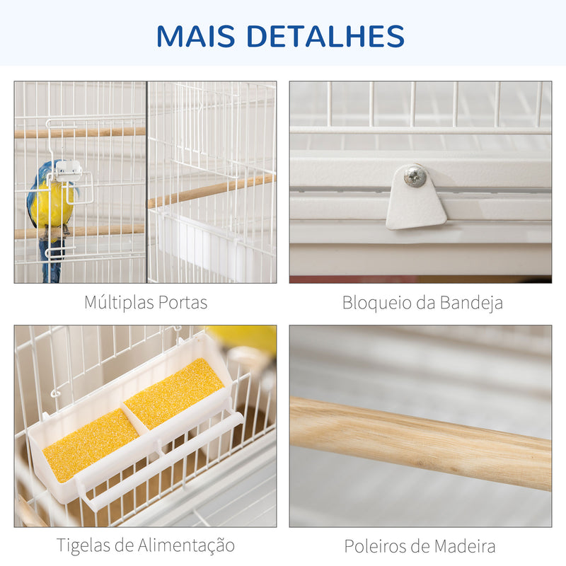 Gaiola para Pássaros com Rodas 78x52x132cm Gaiola para Pássaros Metálica com Bandeja Amovível 4 Portas 4 Comedouros 4 Poleiros e Prateleira de Armazenamento para Canários Periquitos Branco