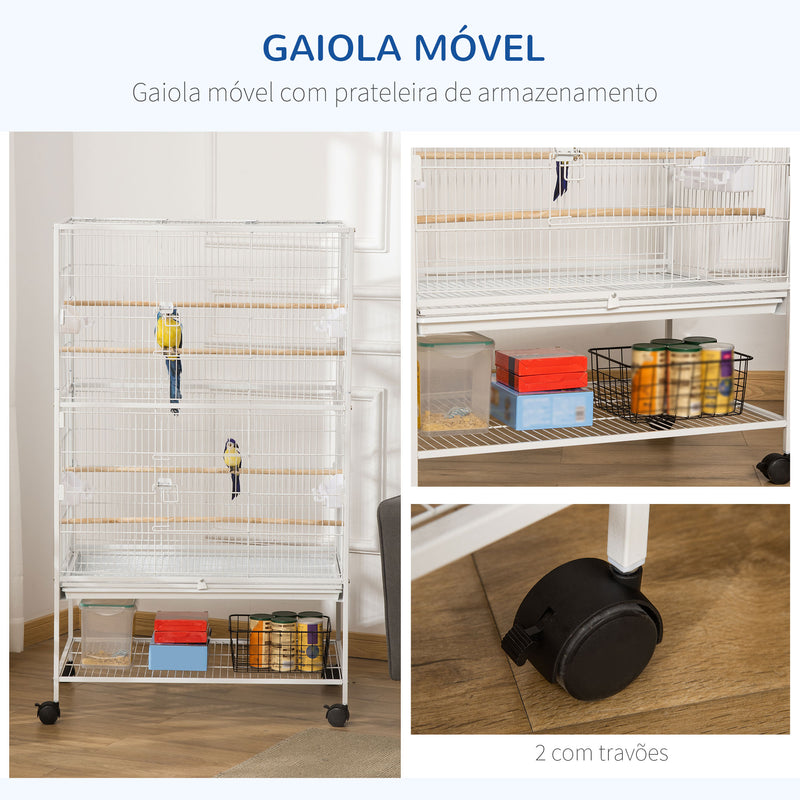 Gaiola para Pássaros com Rodas 78x52x132cm Gaiola para Pássaros Metálica com Bandeja Amovível 4 Portas 4 Comedouros 4 Poleiros e Prateleira de Armazenamento para Canários Periquitos Branco