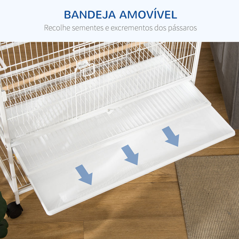 Gaiola para Pássaros com Rodas 78x52x132cm Gaiola para Pássaros Metálica com Bandeja Amovível 4 Portas 4 Comedouros 4 Poleiros e Prateleira de Armazenamento para Canários Periquitos Branco