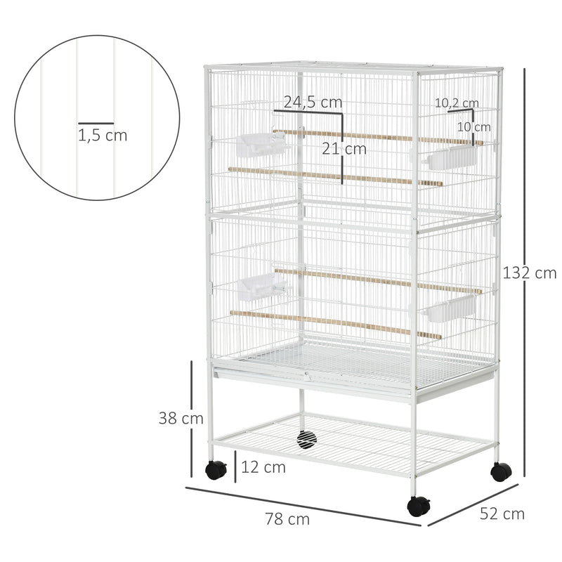 Gaiola para Pássaros com Rodas 78x52x132cm Gaiola para Pássaros Metálica com Bandeja Amovível 4 Portas 4 Comedouros 4 Poleiros e Prateleira de Armazenamento para Canários Periquitos Branco