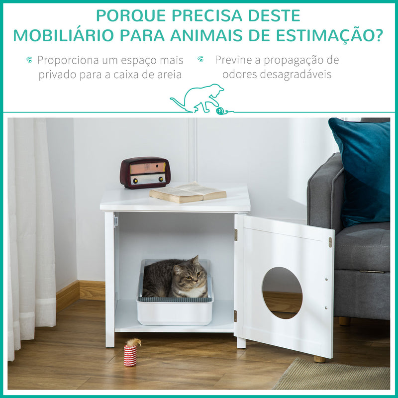 Casa para Gatos de Madeira Móvel para Caixa de Areia para Gatos 2 em 1 com Armário de Armazenamento Bancada Ampla Porta com Orifício de Entrada 51,5x48,2x51cm Branco