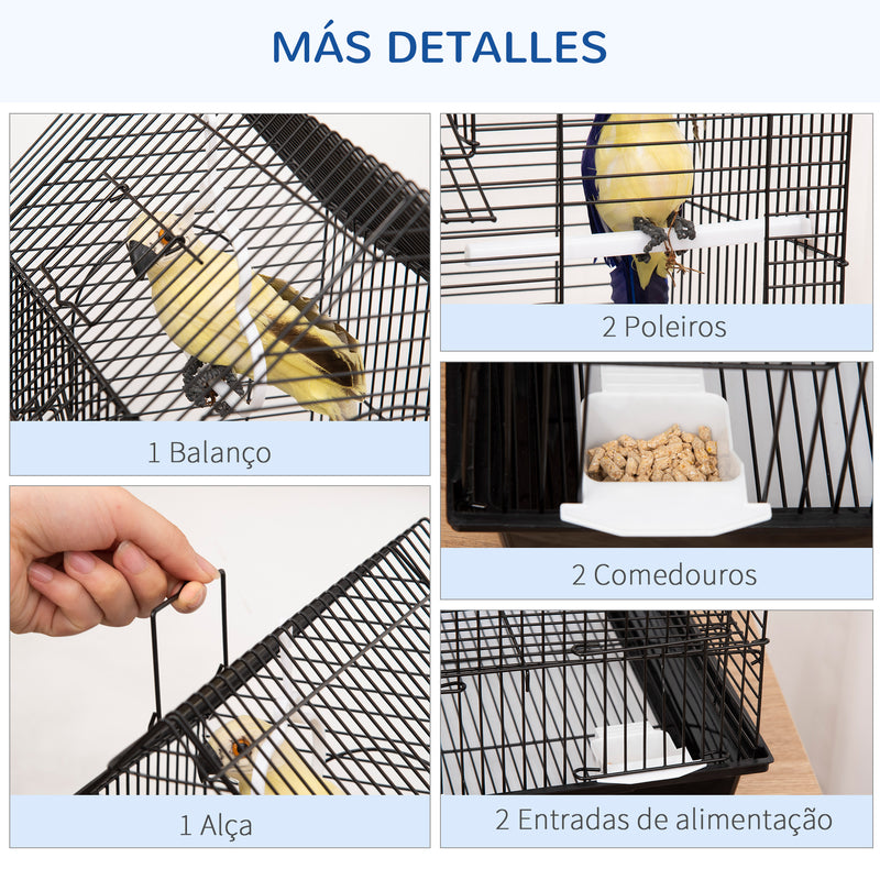 Gaiola para Pássaros 39x33x47cm Gaiola para Pássaros de Metal com 3 Portas 2 Comedouros 2 Poleiros Baloiço Bandeja Amovível e Alça de Transporte para Canários Periquitos Preto