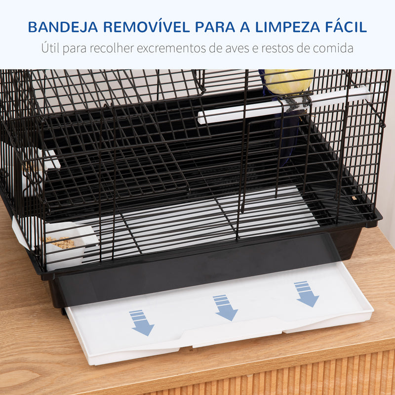 Gaiola para Pássaros 39x33x47cm Gaiola para Pássaros de Metal com 3 Portas 2 Comedouros 2 Poleiros Baloiço Bandeja Amovível e Alça de Transporte para Canários Periquitos Preto