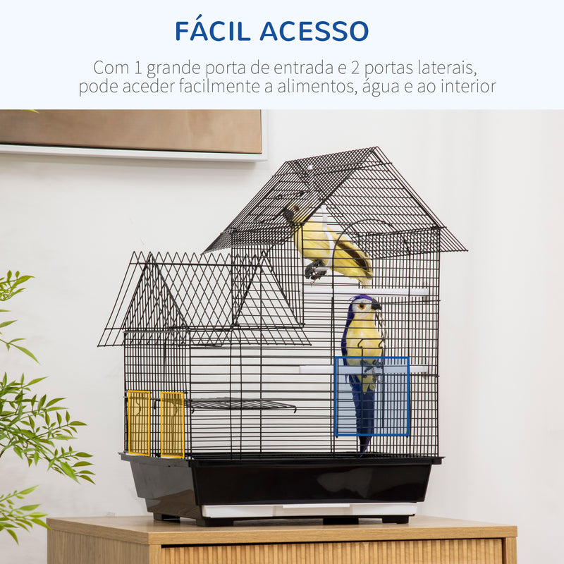 Gaiola para Pássaros 39x33x47cm Gaiola para Pássaros de Metal com 3 Portas 2 Comedouros 2 Poleiros Baloiço Bandeja Amovível e Alça de Transporte para Canários Periquitos Preto