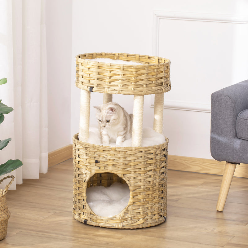 Árvore Arranhadora para Gatos de Vime Torre para Gatos Médios com Caverna 2 Camas Postes de Sisal Natural e Almofadas Laváveis de Pelúcia Suave Ø40,5x69 cm Natural