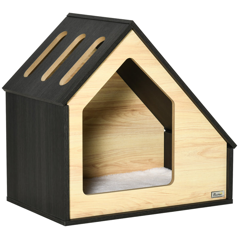 Casa de Madeira para Cães Casa para Cães para Uso Interior com Almofada Removível Lavável e 3 Ventilações 60x40x59,2cm Preto e Madeira Natural