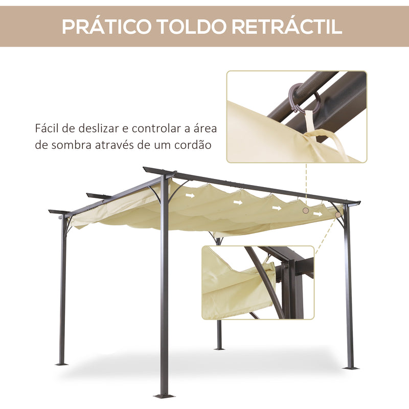 Pérgula de Metal 3.5x3.5m Gazebo para Jardim Pátio ou Terraço com Tecto Retráctil Pano Poliéster Resistente à Água e UV