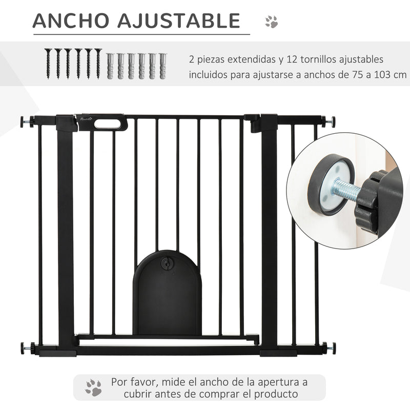 Barreira de Segurança de Cães Animais de Estimação para Escadas e Portas 75-103cm com 2 Extensões Fechamento Automático e Sistema de Duplo Bloqueio Aço Preto